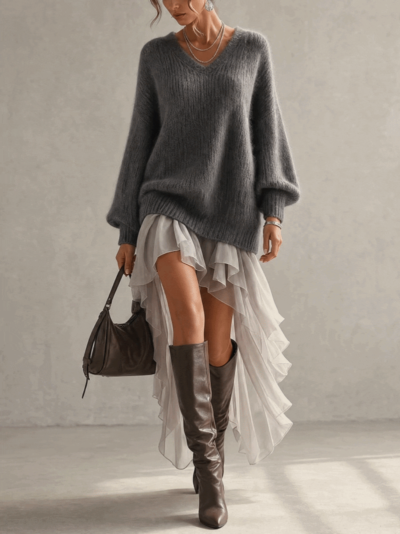 Charcoal Fuzzy Knit And Chiffon Ruffle Sweater Dress