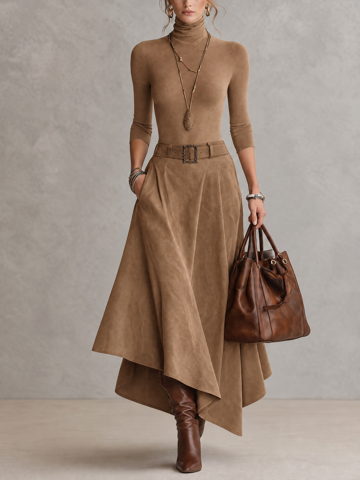 Taupe Stretch Turtleneck Top And Asymmetrical Suede Skirt Set