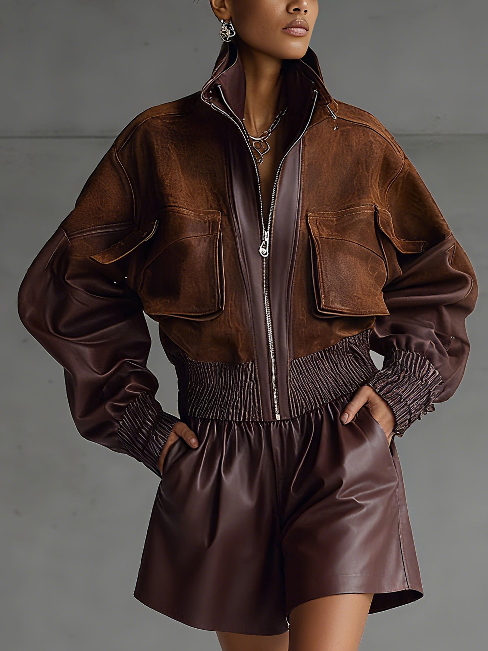 Brown Vintage Inspired Faux Suede Paneled Bomber Jacket