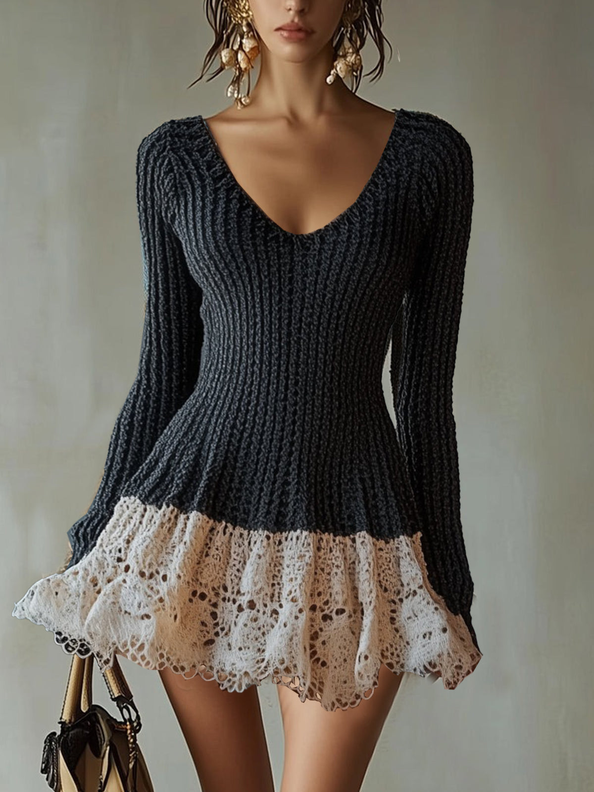 Black Chic Knit And Lace Contrast Dress