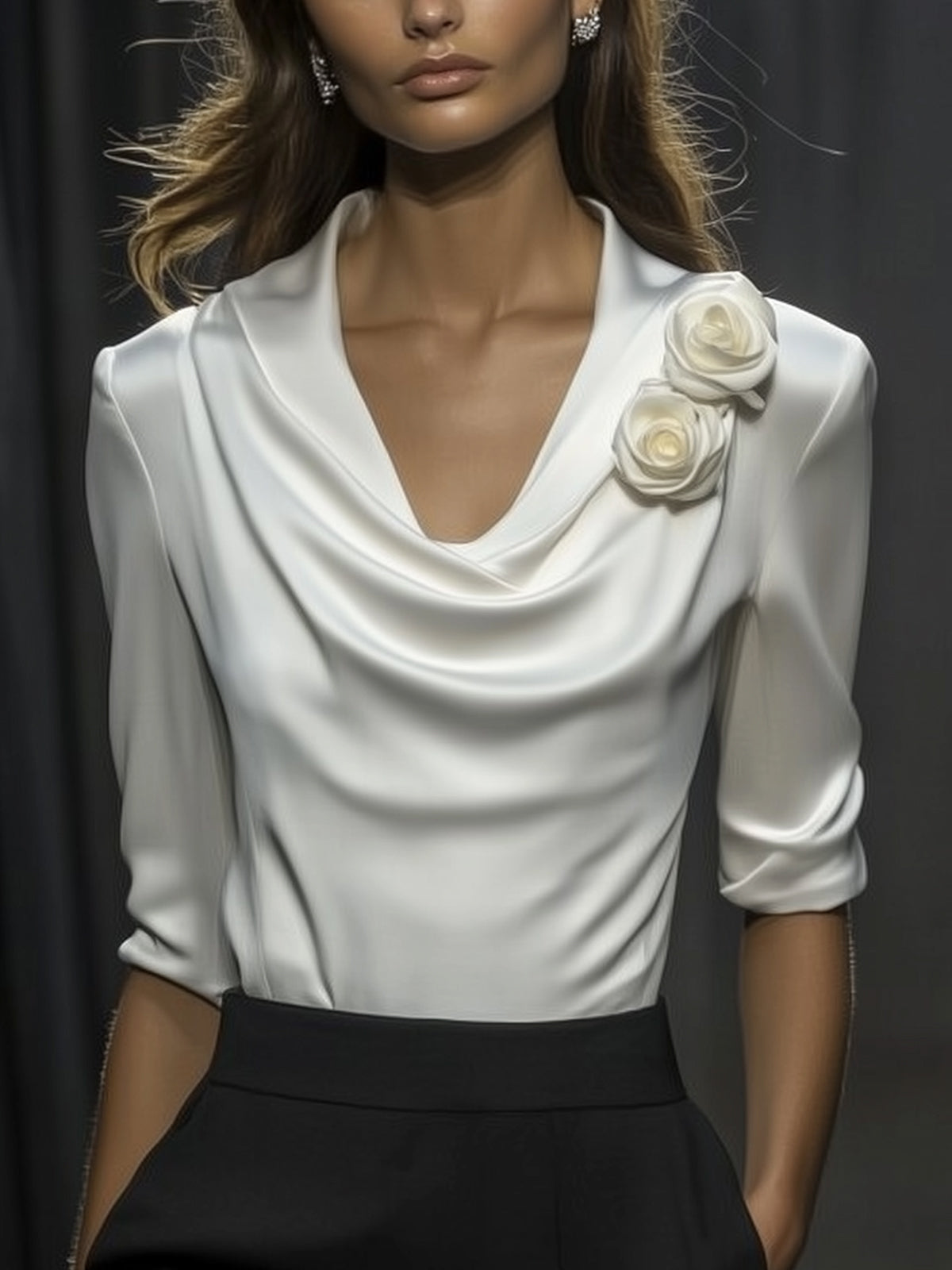 Satin Draped Neckline Blouse With 3D Floral Design