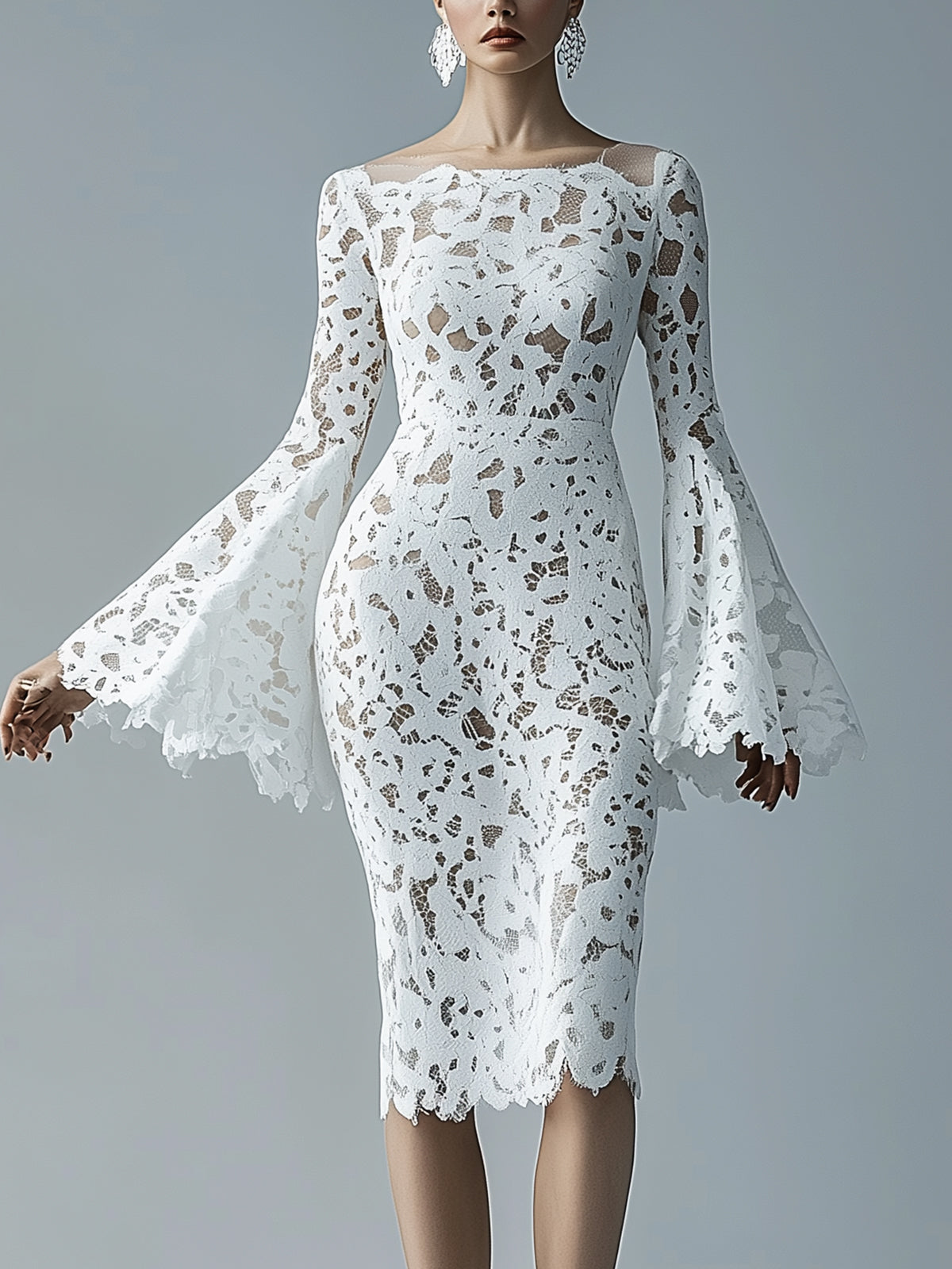 White Lace Bell Sleeve Bodycon Dress With Nude Lining