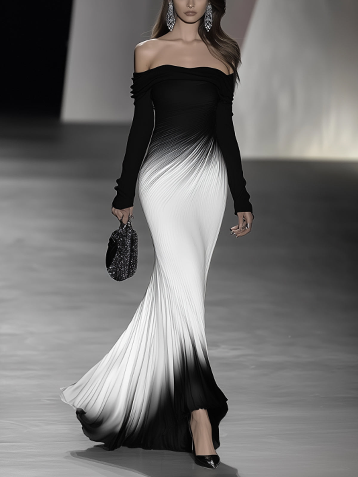 Off-Shoulder Black And White Gradient Maxi Dress