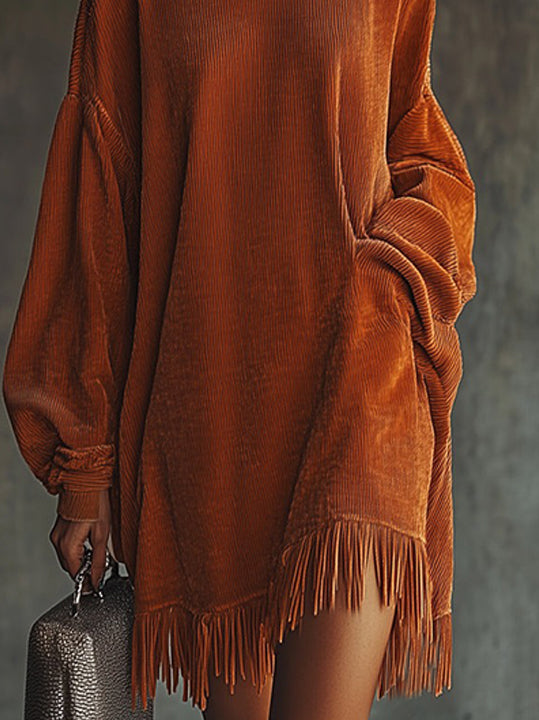 Orange Corduroy Loose Tassel Hem High Collar Dress