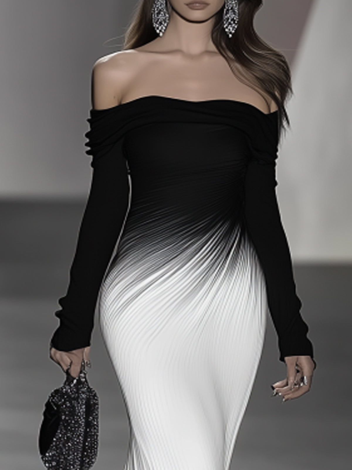 Off-Shoulder Black And White Gradient Maxi Dress