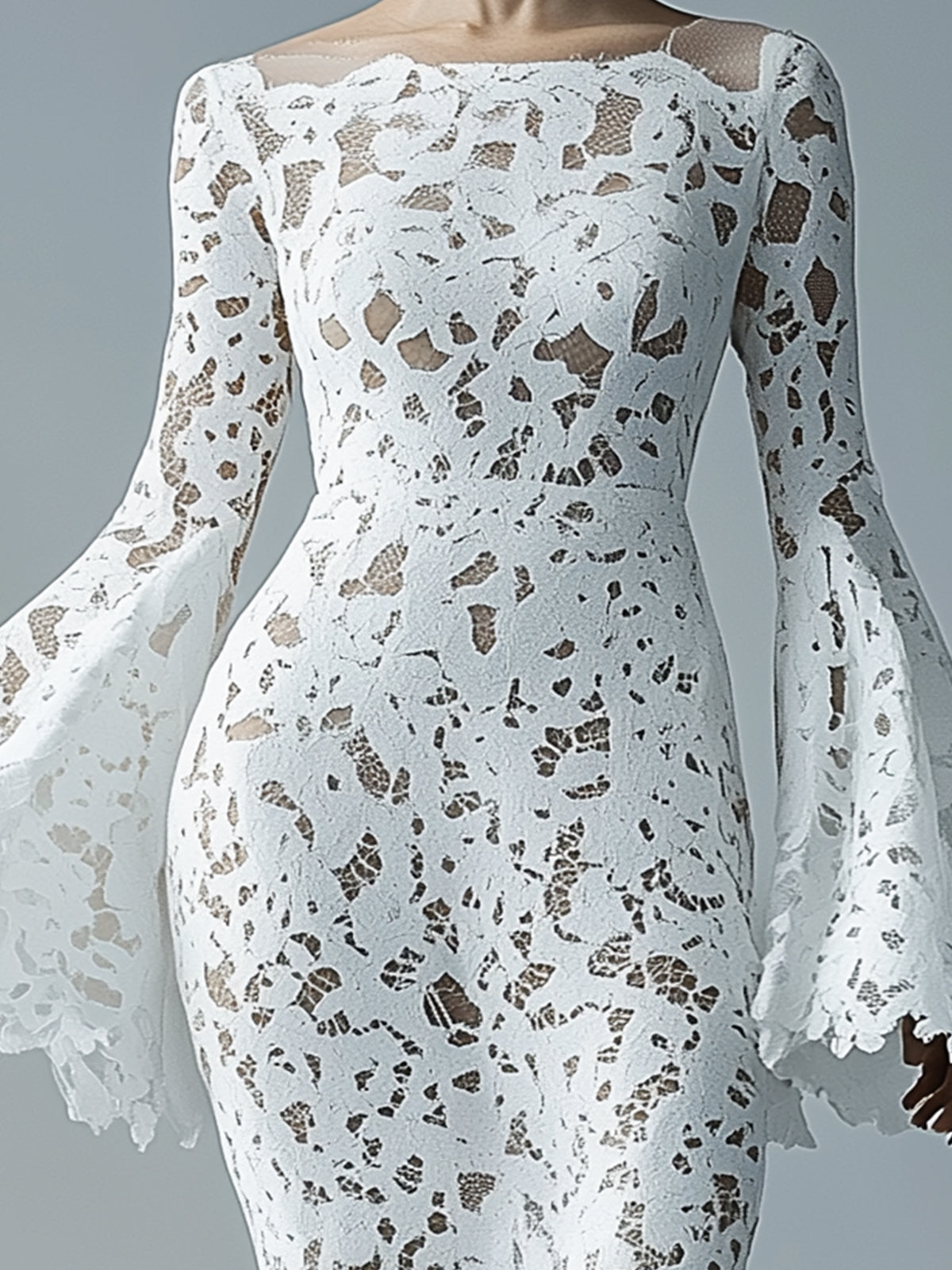 White Lace Bell Sleeve Bodycon Dress With Nude Lining