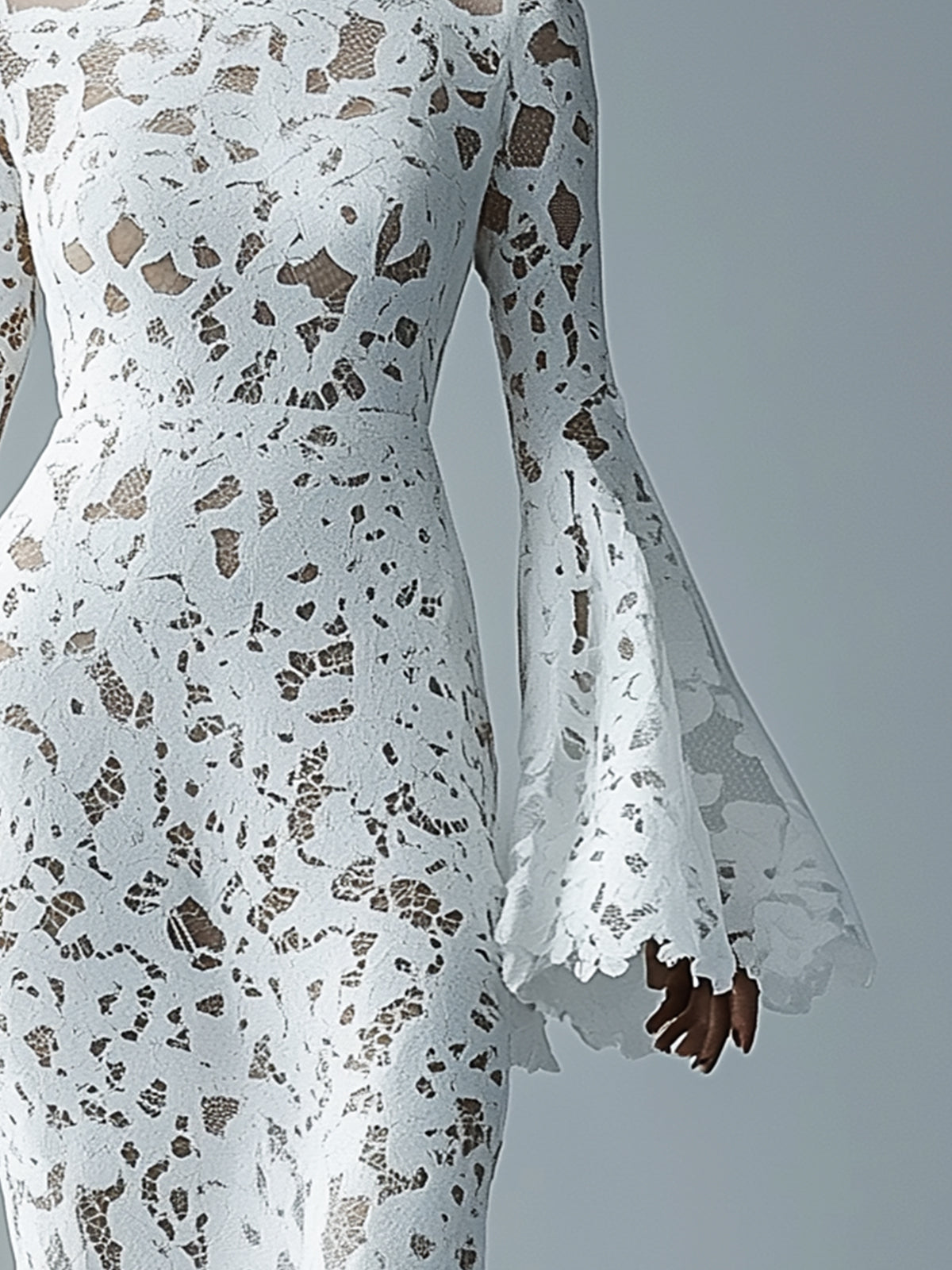 White Lace Bell Sleeve Bodycon Dress With Nude Lining