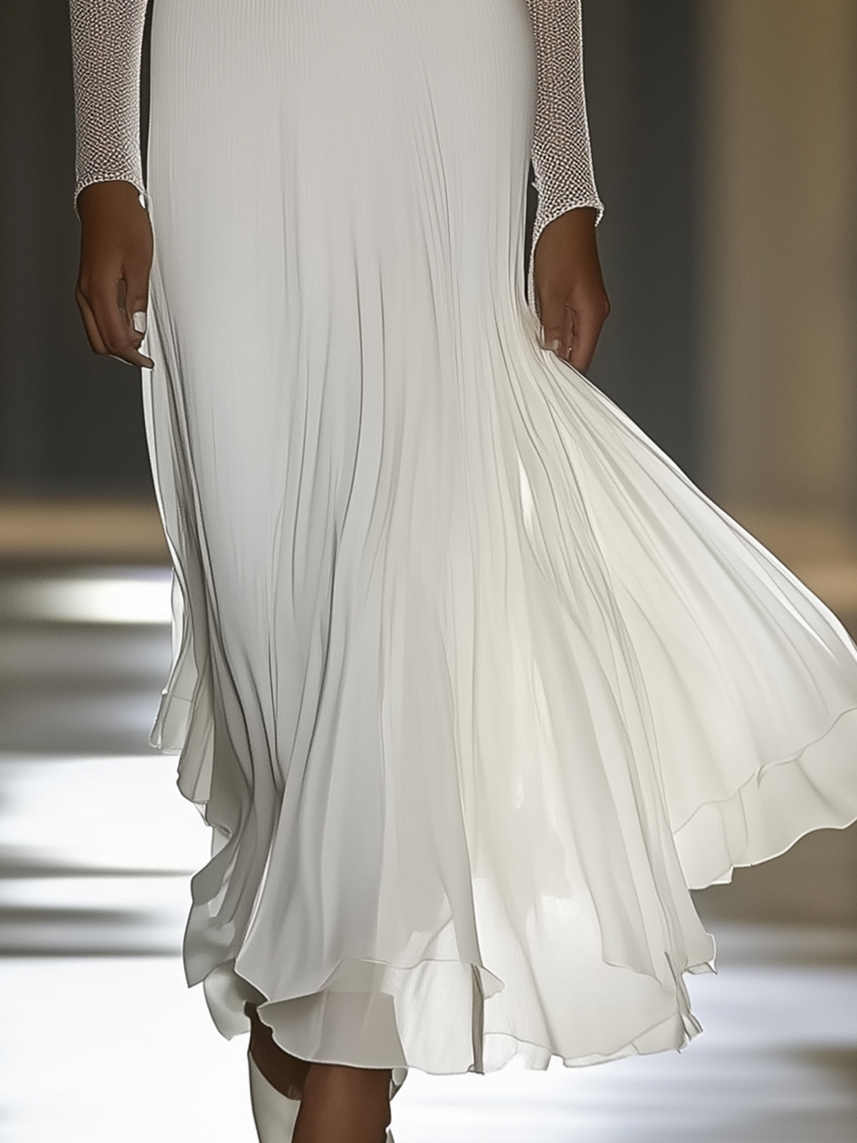 White Chiffon Maxi Dress With Mesh Neckline And Sleeves