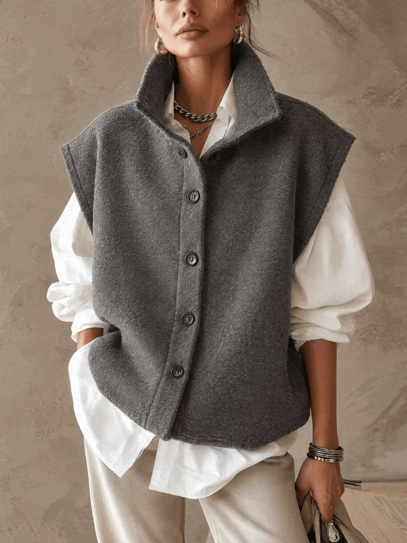 Dark Grey Stand Collar Vest And White Drop Shoulder Shirt Two Piece Set