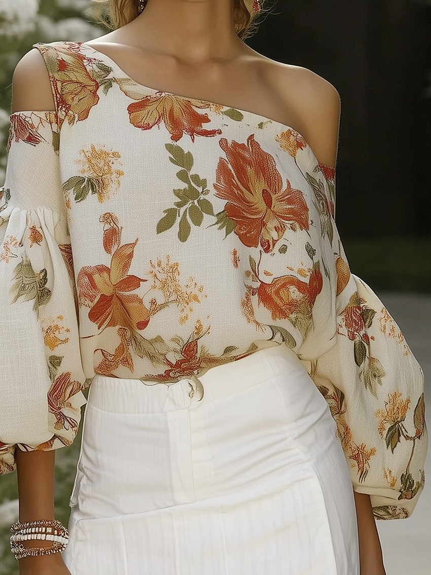 One Shoulder Beige Linen Shirt With Flower Print