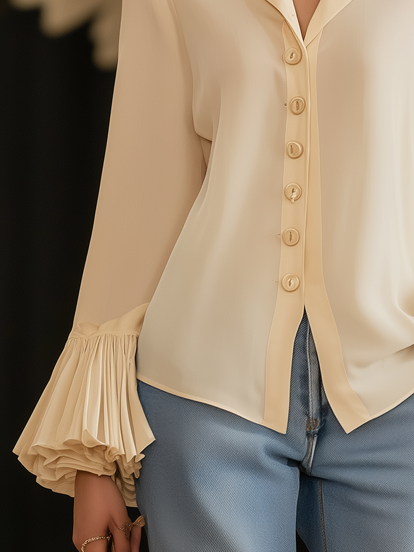 Beige Chiffon Blouse With Ruffled Cuffs