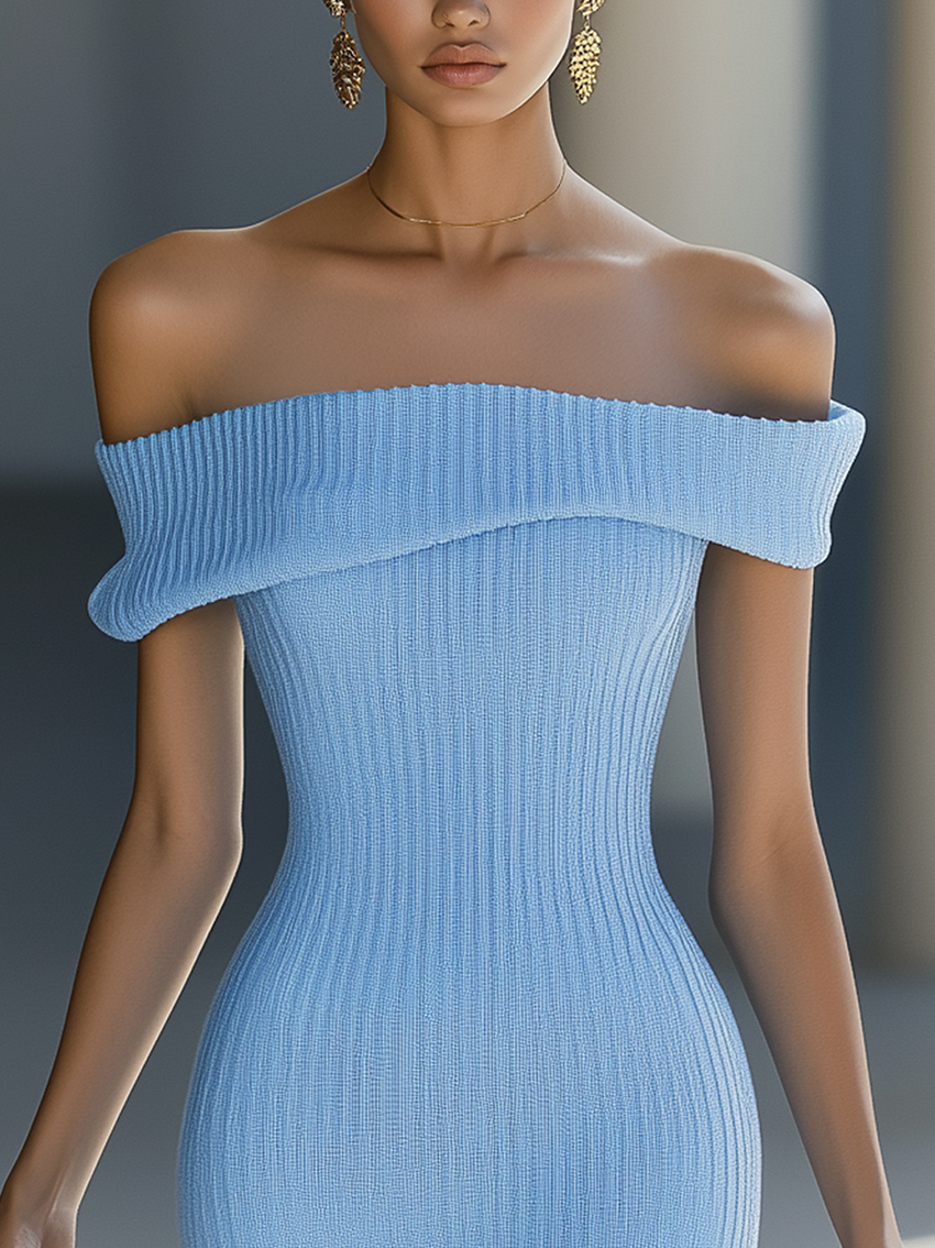 Off-Shoulder Knitted Sky Blue Midi Bodycon Dress