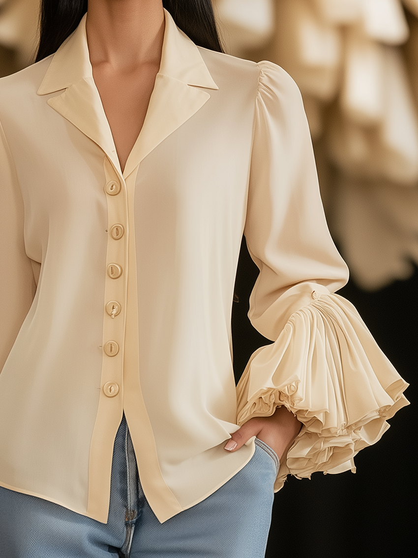 Beige Chiffon Blouse With Ruffled Cuffs