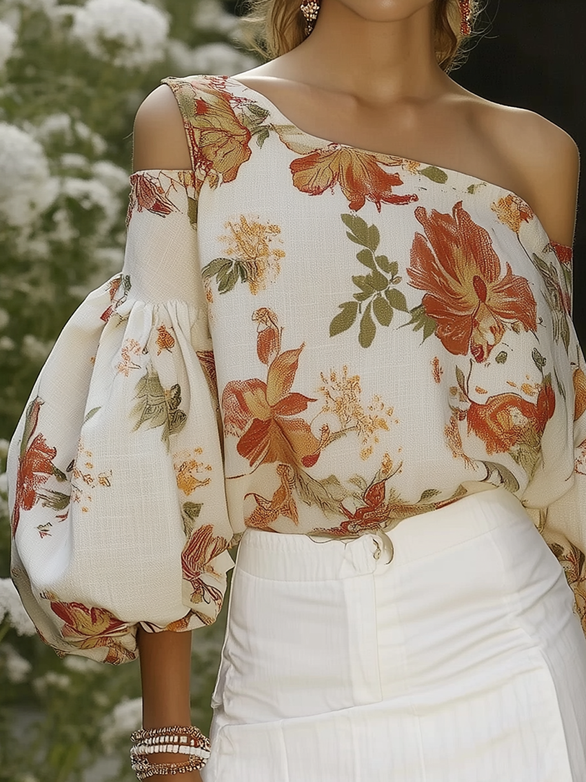 One Shoulder Beige Linen Shirt With Flower Print