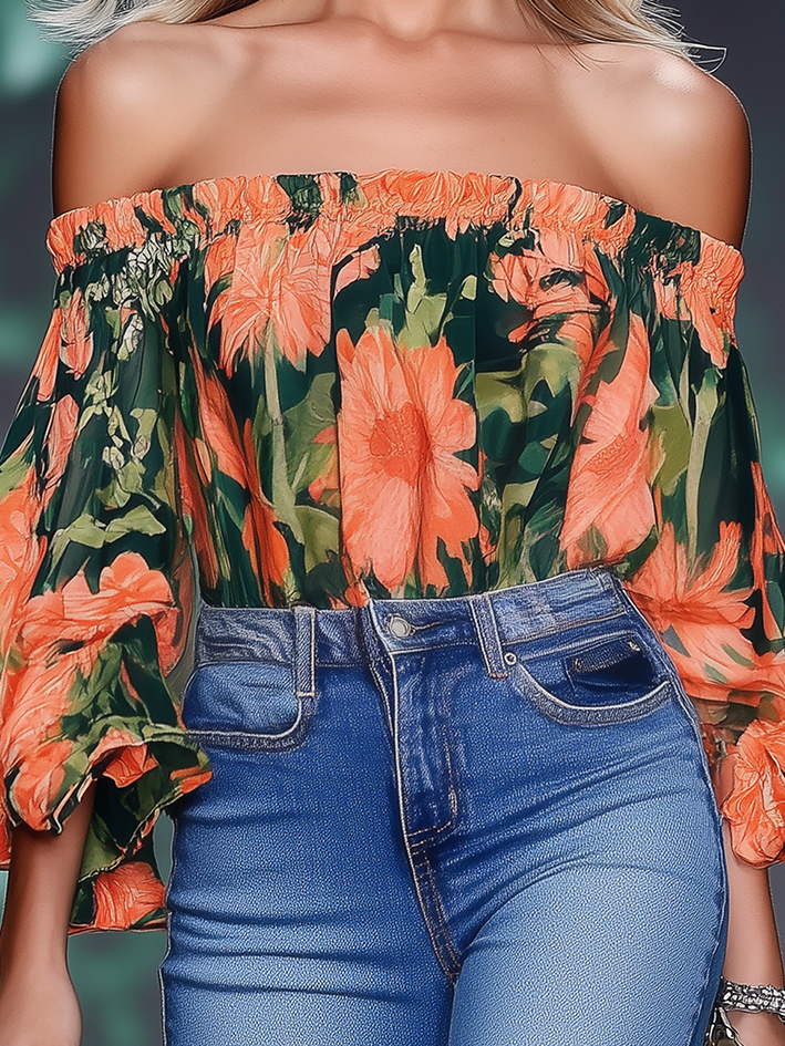 Off Shoulder Orange Chiffon Shirt With Flower Print