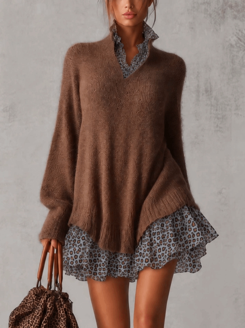 Brown Fuzzy Mohair Knit Mini Dress With Blue Leopard Chiffon Collar And Ruffle Hem
