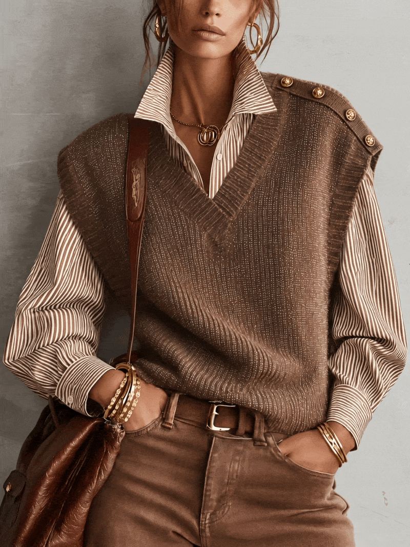 Brown Sparkle Knit Vest And Striped Shirt Two-Piece Set