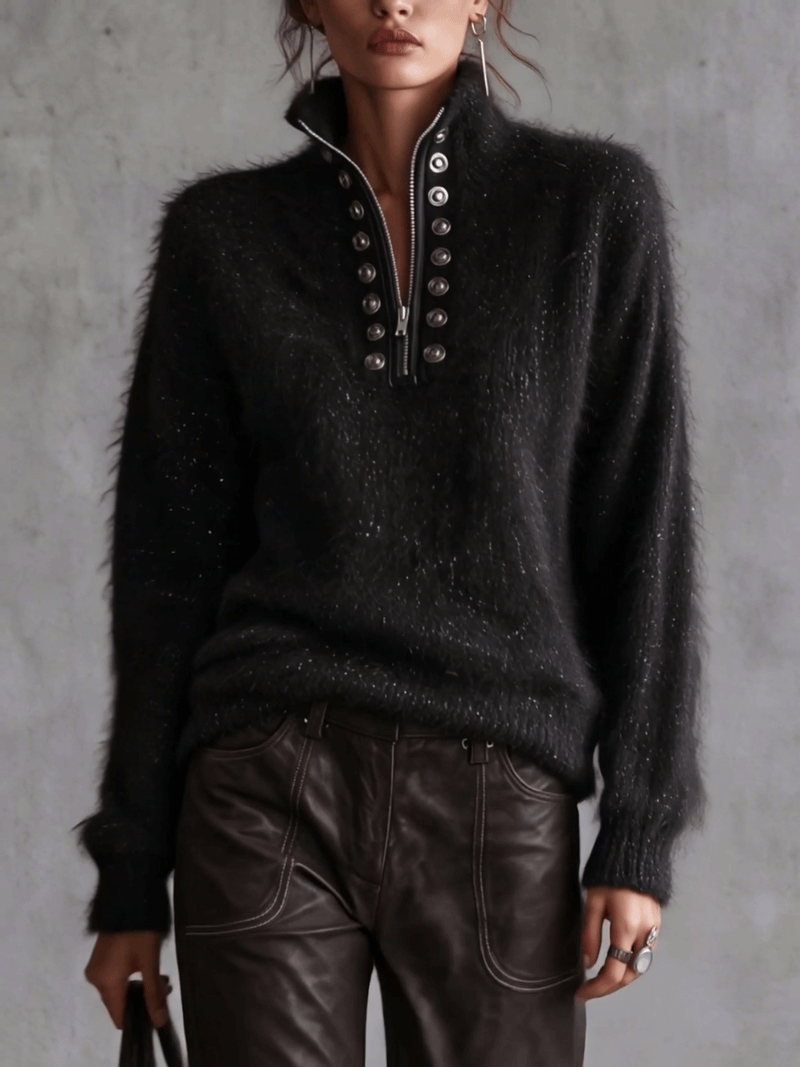Black Shimmer Mohair Sweater With Half-Zip Placket And Silver Snap Button Trim