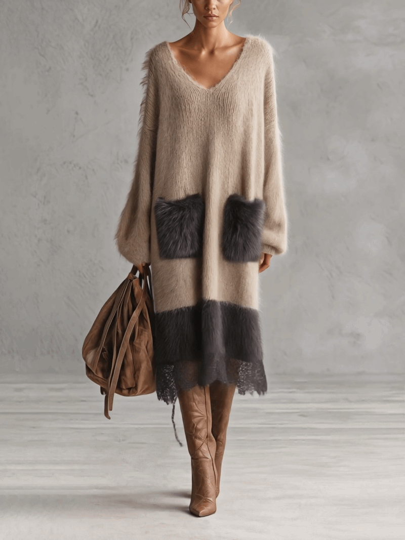 Oatmeal Beige Color Block Mohair Knit Midi Dress With Faux Fur Pockets And Lace Hem