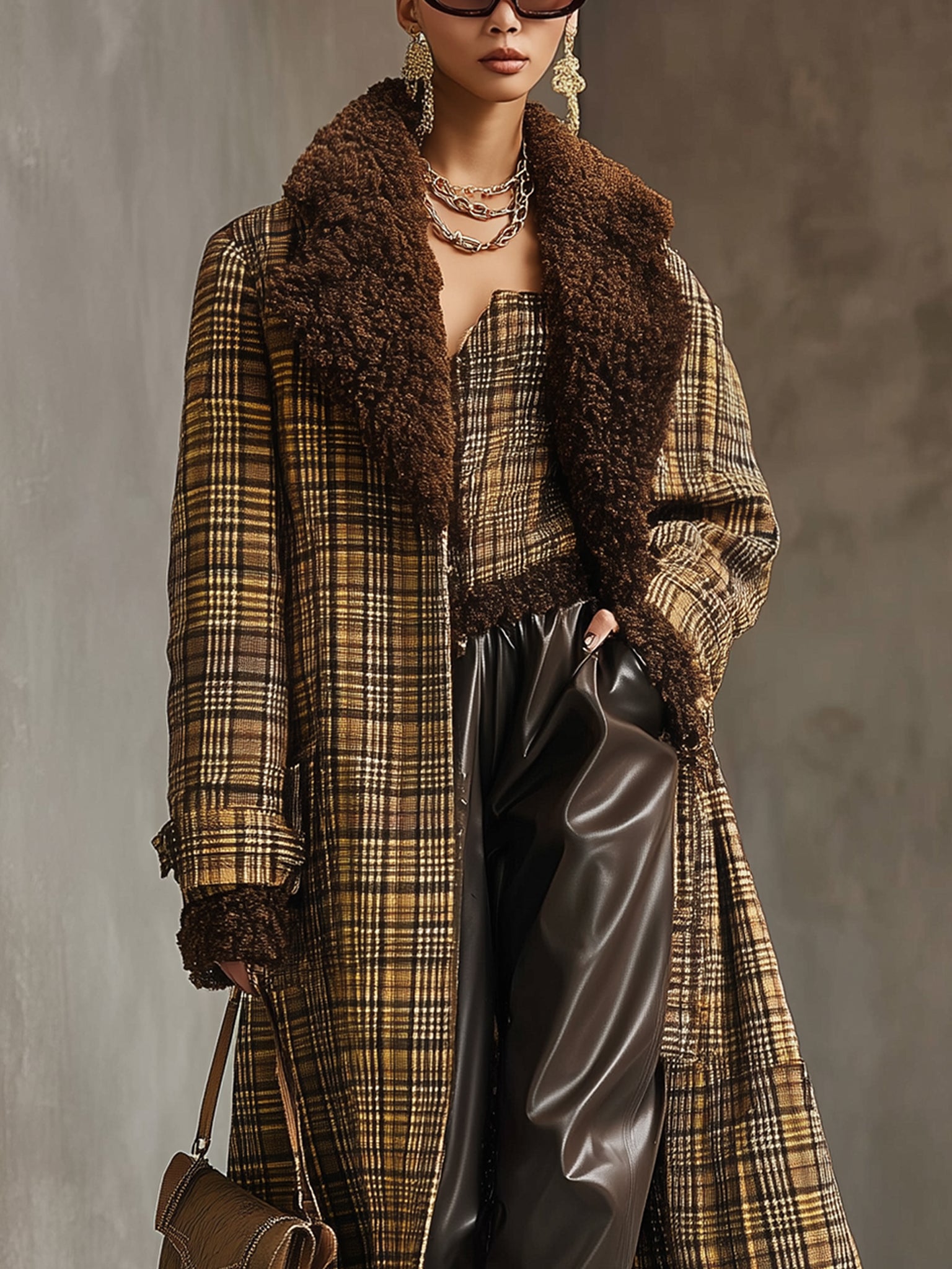Yellow Check Wool Blend Coat With Faux Shearling Collar