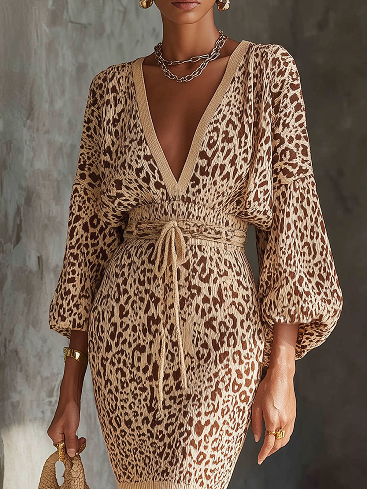 Beige Leopard Knit V-Neck Drawstring Bodycon Dress