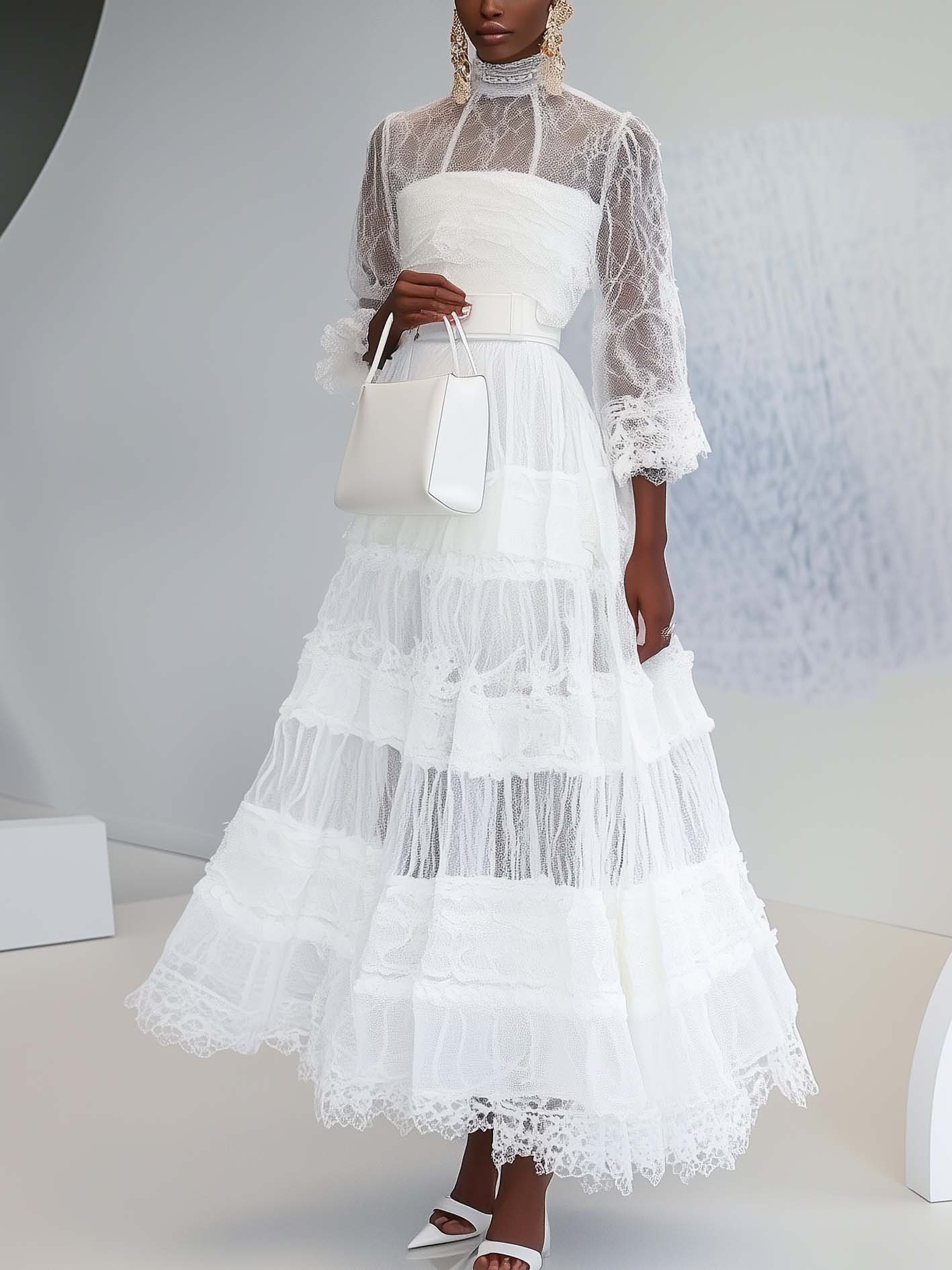White Maxi Dress With Lace Mesh Stitching
