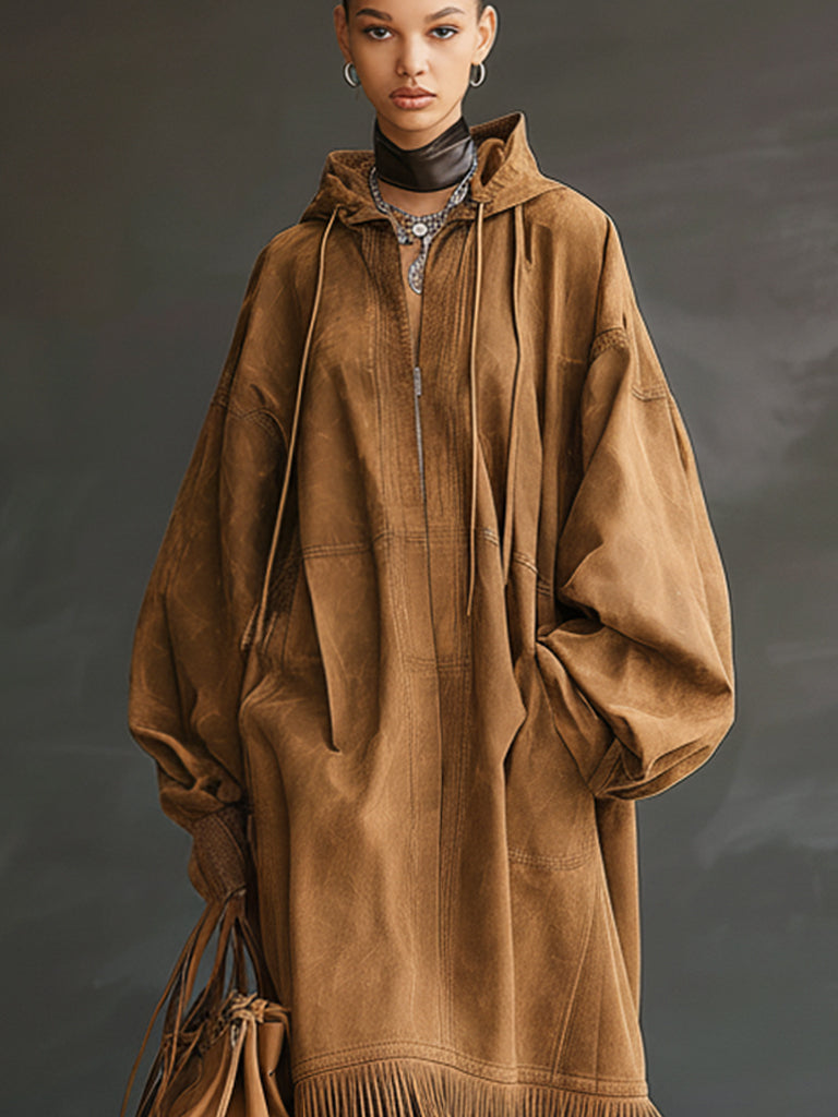 Vintage Brown Suede Tassel Zip Up Trench Coat
