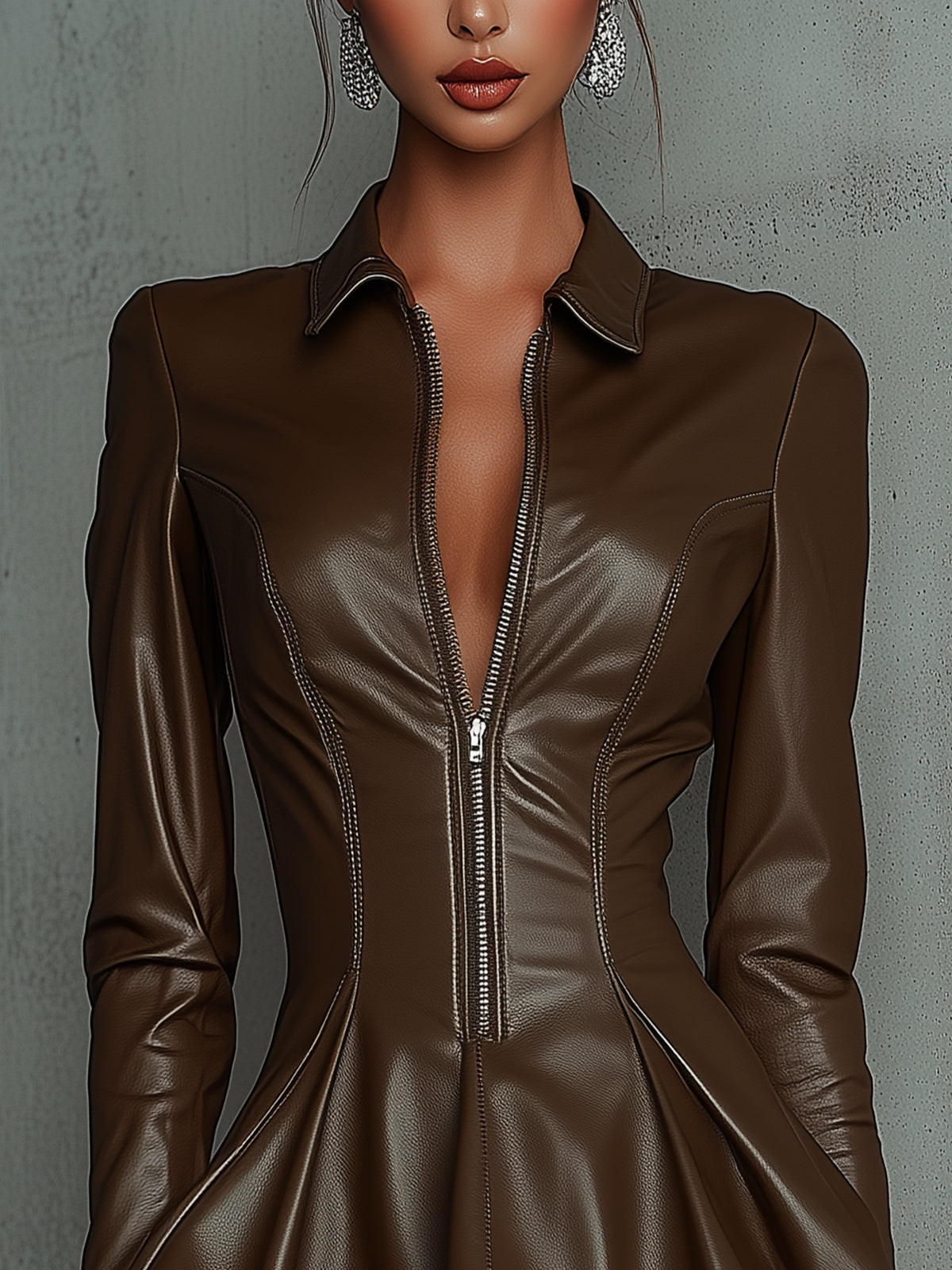 Brown Faux Leather Flare Dress