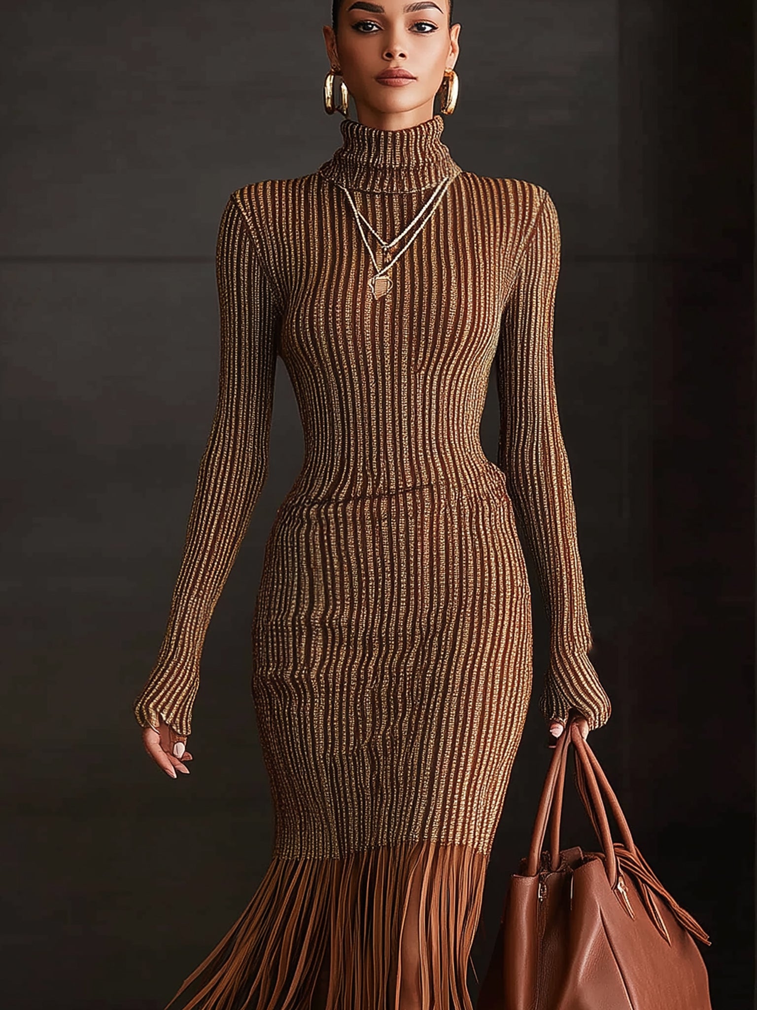 Brown Ribbed Knit Turtleneck Fringed Long Sleeve Bodycon Dress