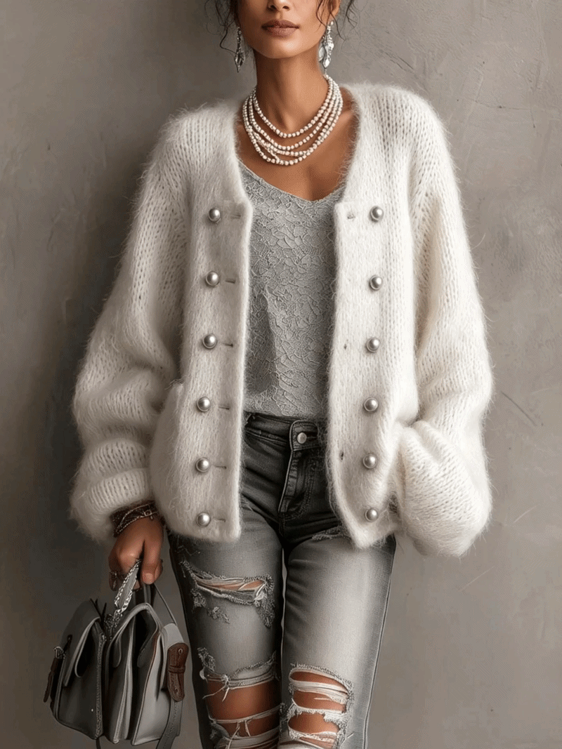 Ivory Fuzzy Mohair Cardigan With Double Row Of Pearl-Trim Buttons