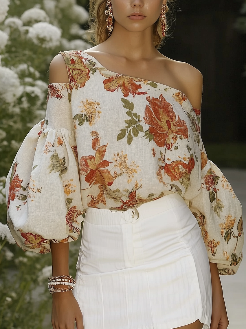 One Shoulder Beige Linen Shirt With Flower Print