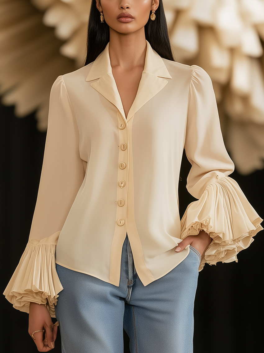 Beige Chiffon Blouse With Ruffled Cuffs