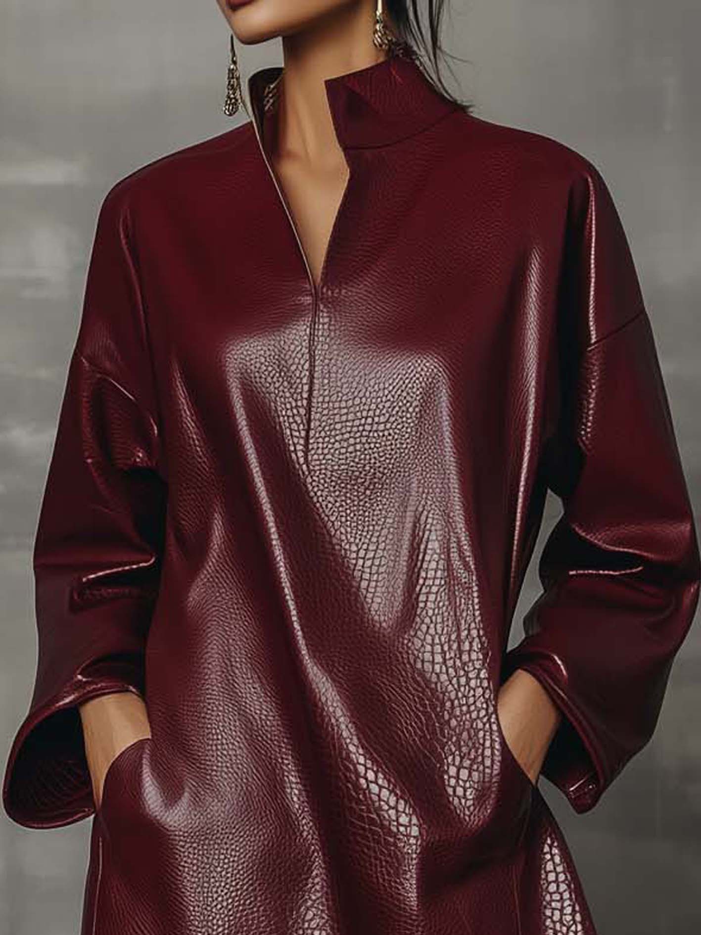 Burgundy Textured Faux Leather Mini Dress