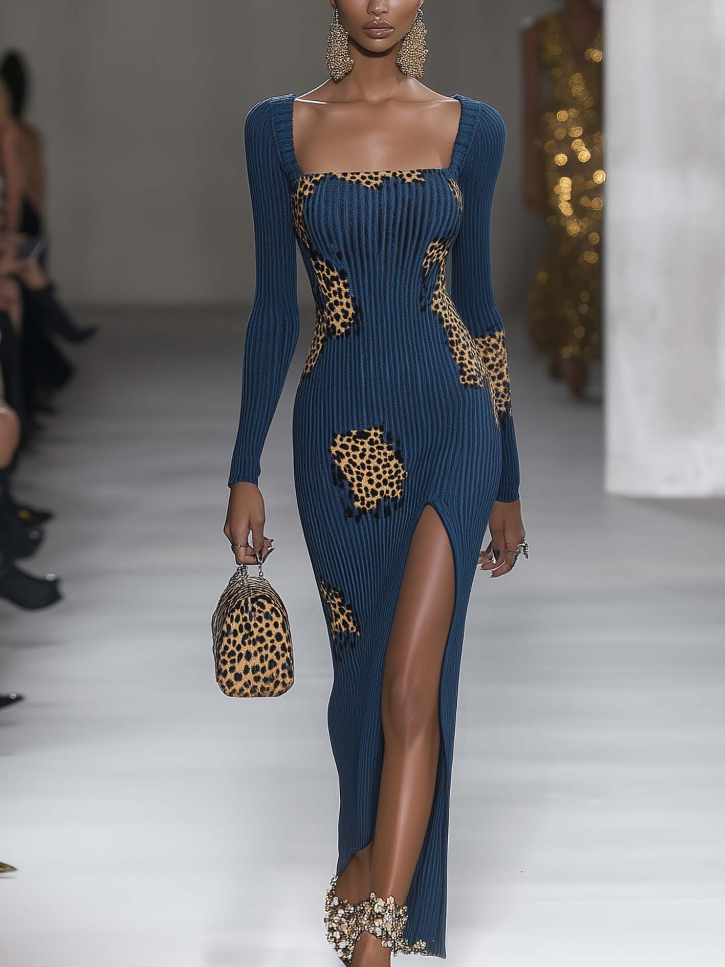Navy Knitted Side-slit Maxi Dress With Leopard Print