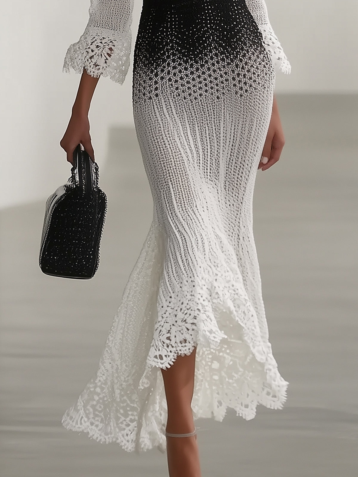 Black Ombre Crochet Off-Shoulder Flared Sleeve Maxi Dress