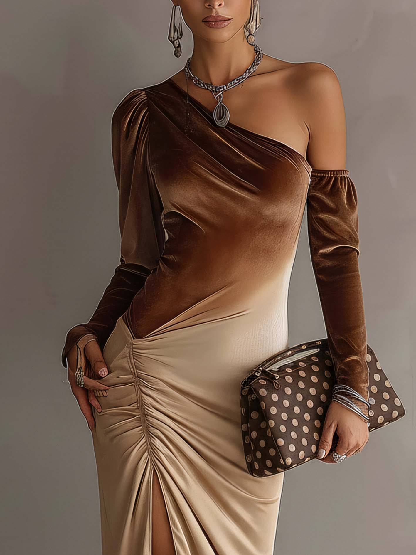 Gradient Brown Velvet Ruched Side Slit One Shoulder Bodycon Dress