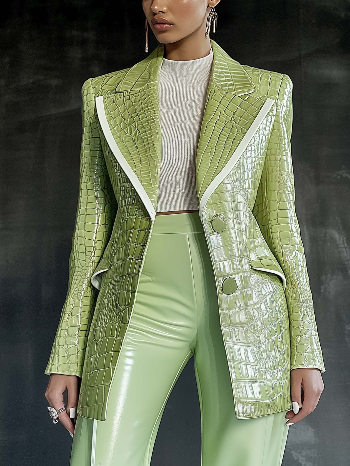 Light Green Textured Faux Leather Jacket With White Trim