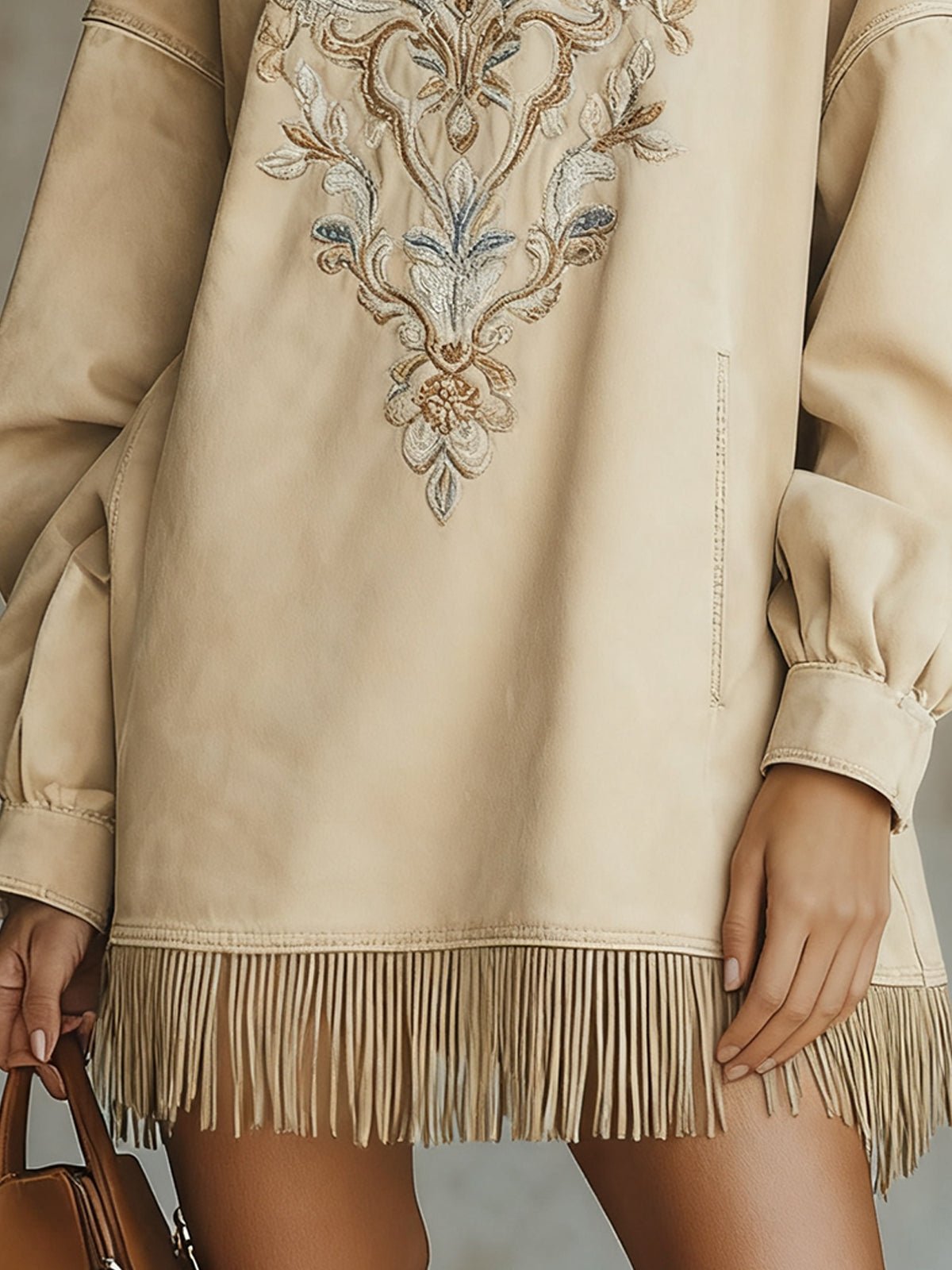 Beige Faux Suede Embroidered Mini Dress With Fringe Hem