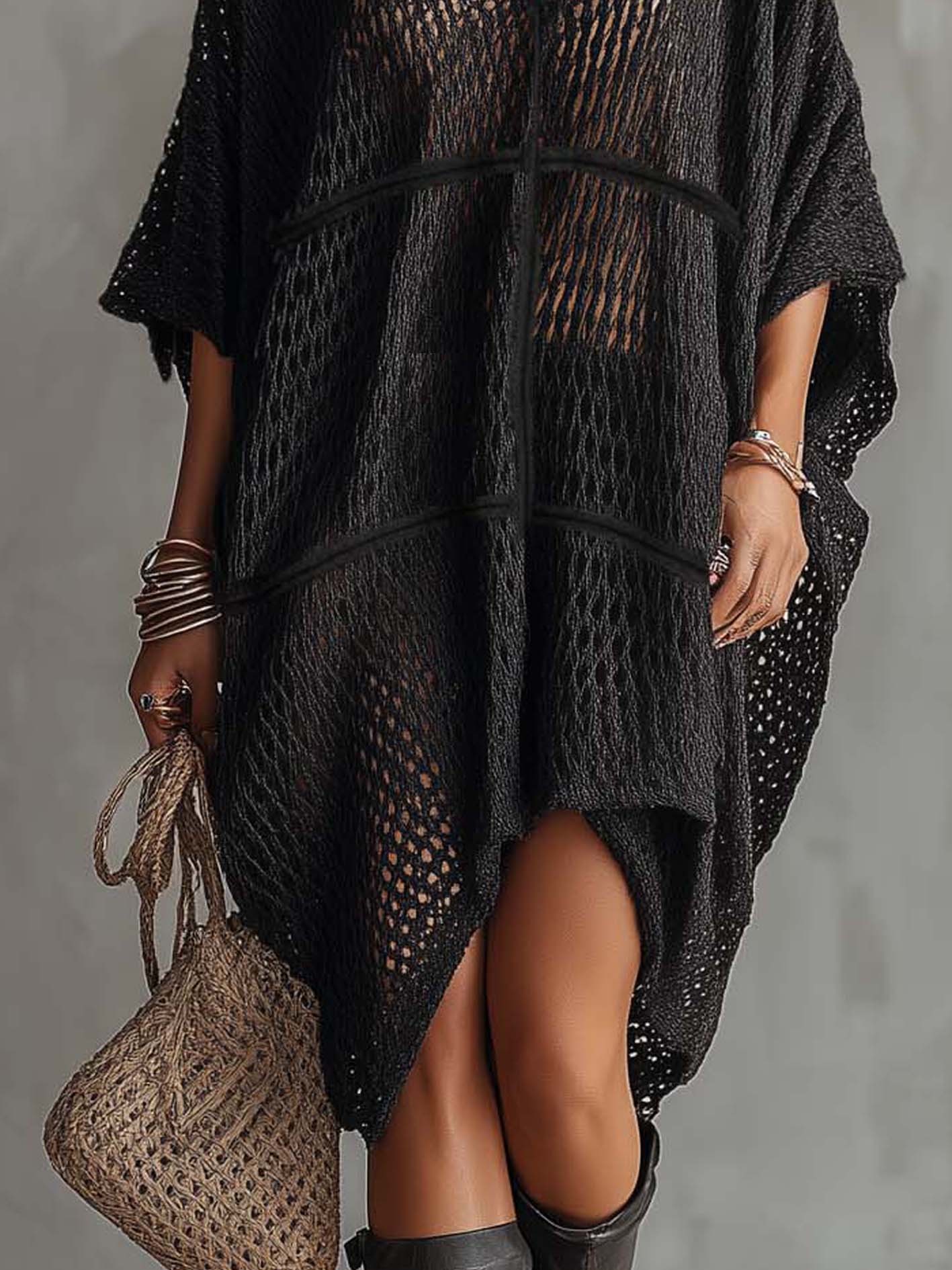 Black Hollow Out Textured Loose Knit Mini Dress