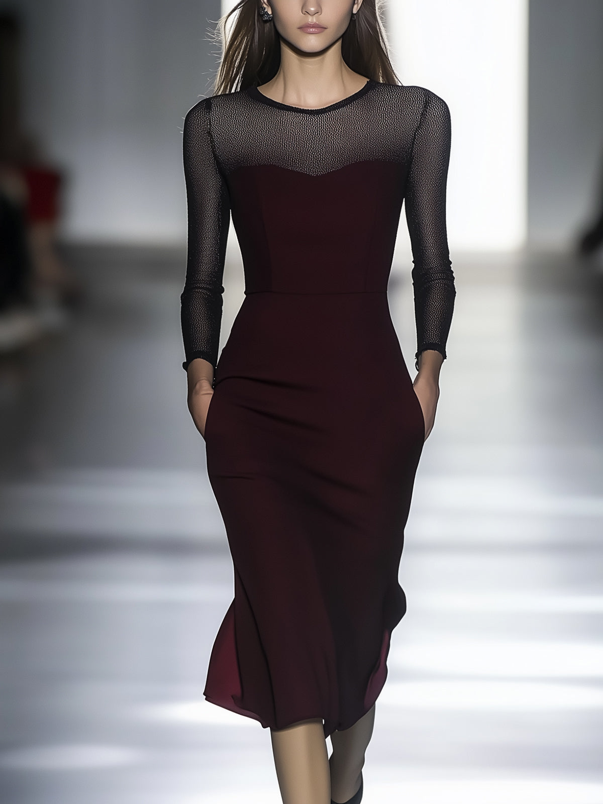 Burgundy Dress With Black Mesh Neckline And Long Sleeves