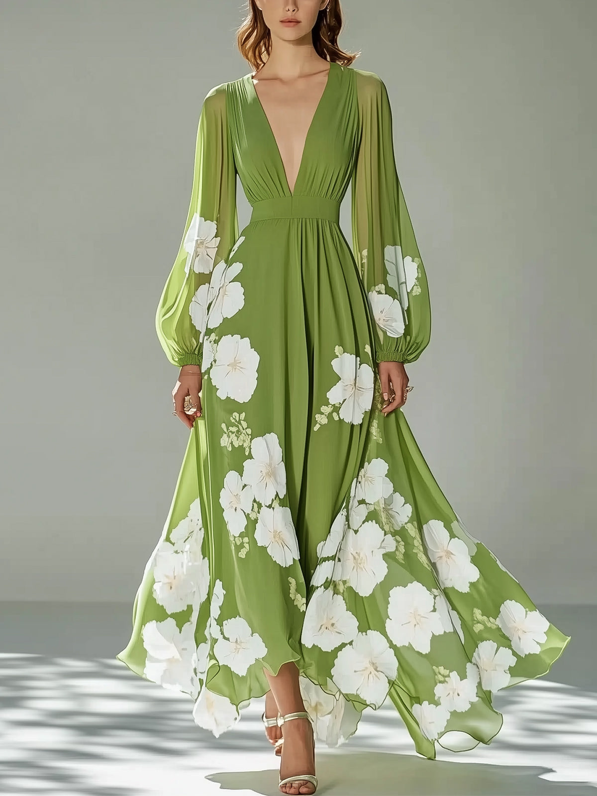 V-Neck Floral Print Chiffon Maxi Dress