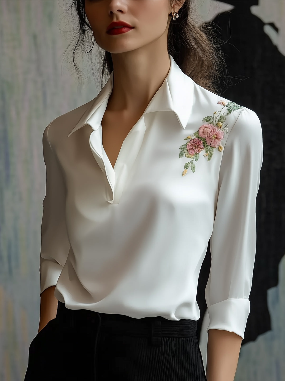 Floral Embroidered Collared Shirt