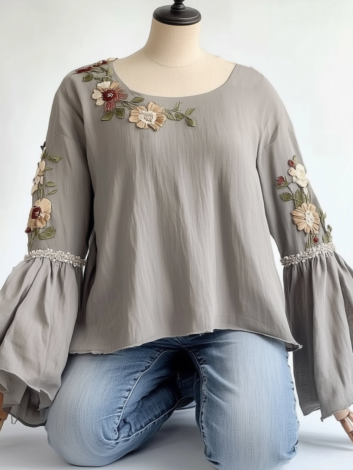 Gray Bell-Sleeve Round-Neck Blouse With Applique Design