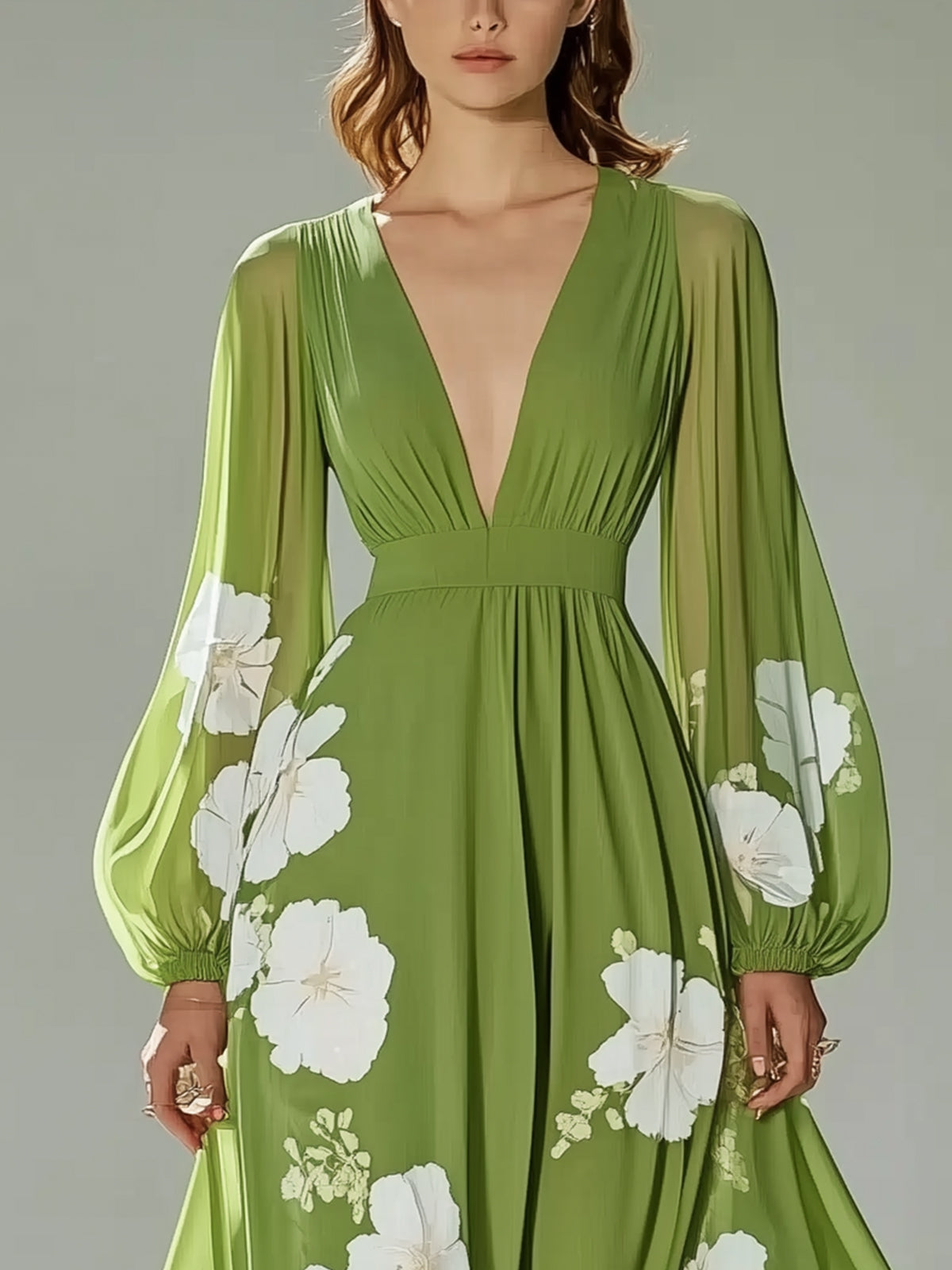 V-Neck Floral Print Chiffon Maxi Dress