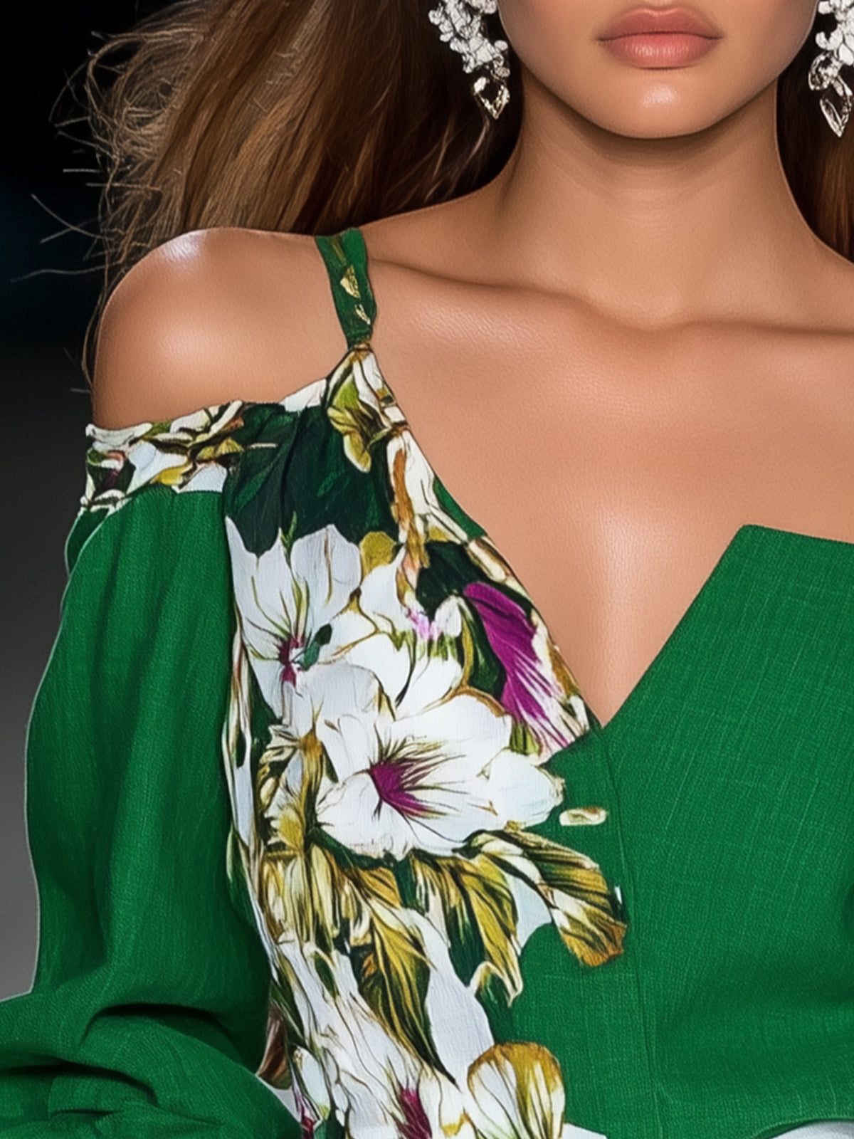 Linen Off Shoulder Floral Print Shirt