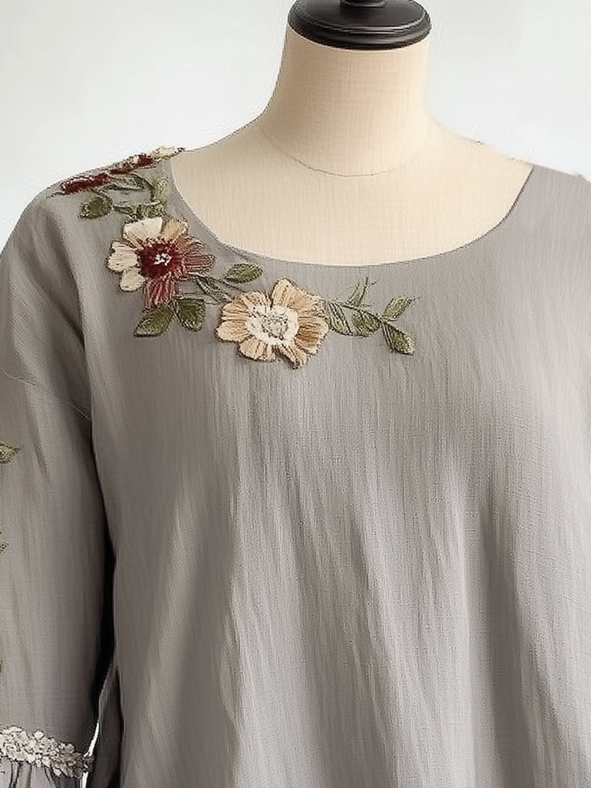 Gray Bell-Sleeve Round-Neck Blouse With Applique Design