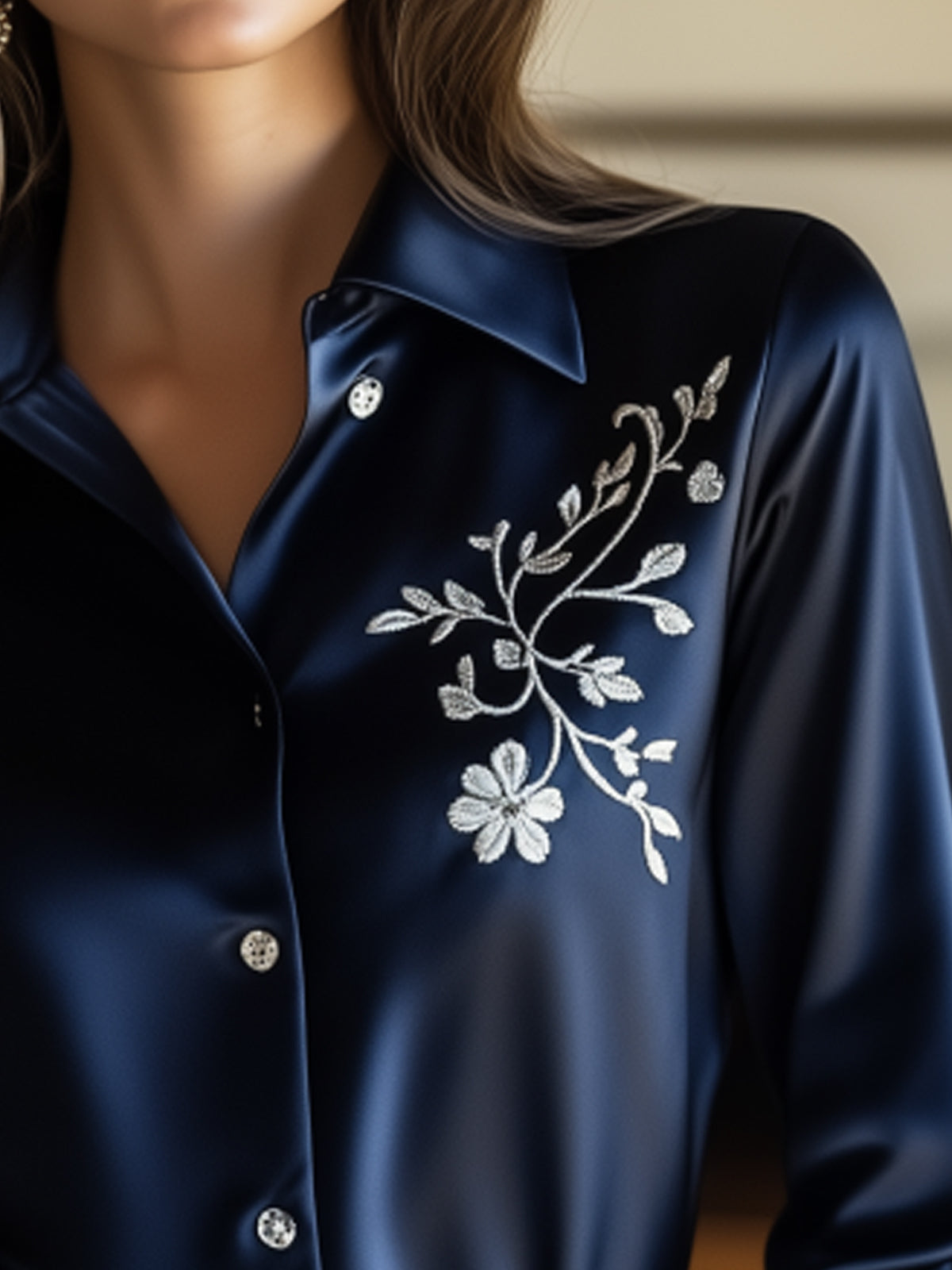 Navy Blue Satin Blouse With Silver Floral Embroidery