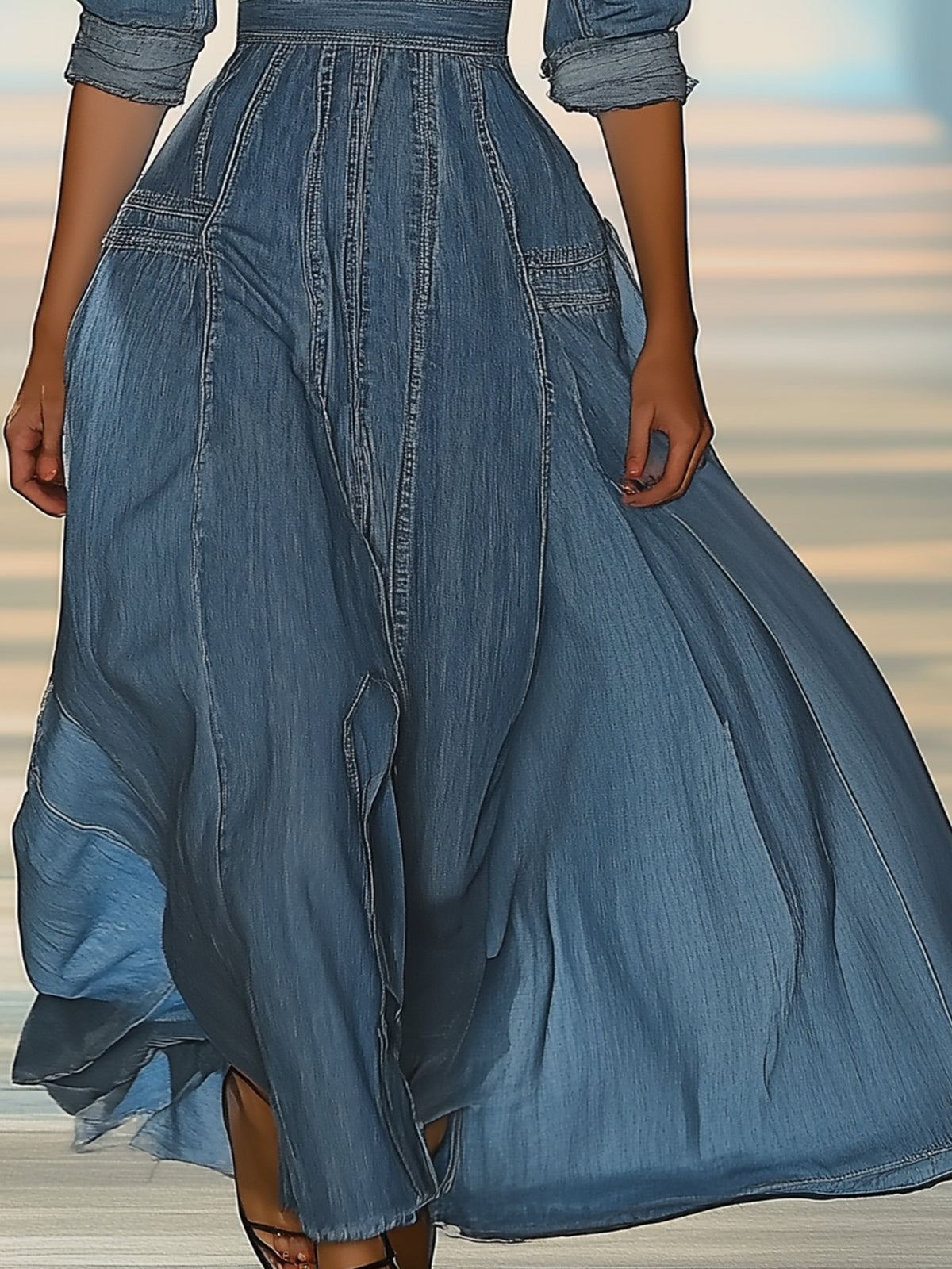 Three-Quarter Sleeve Waist-Tied Denim Maxi Dress