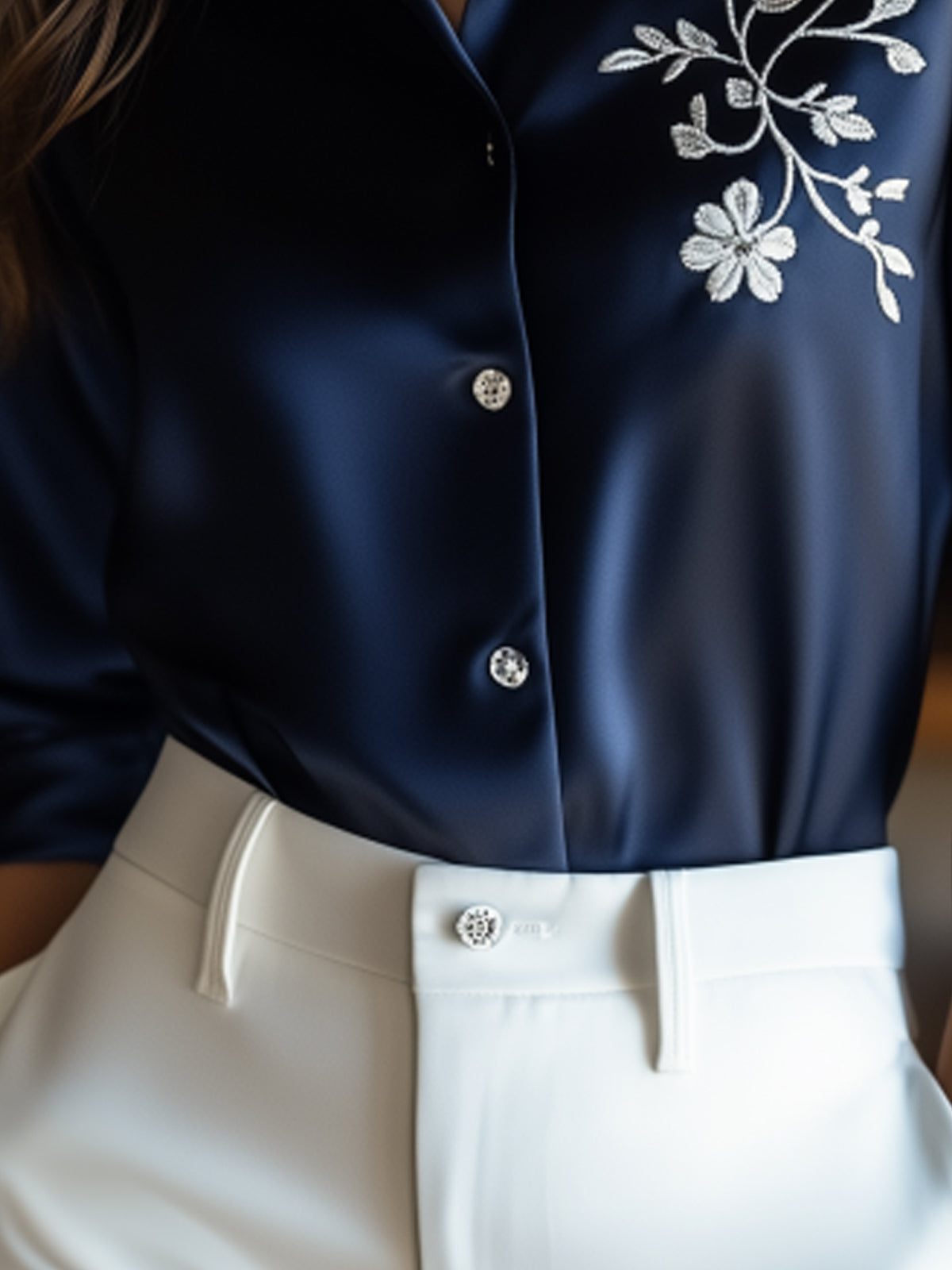 Navy Blue Satin Blouse With Silver Floral Embroidery