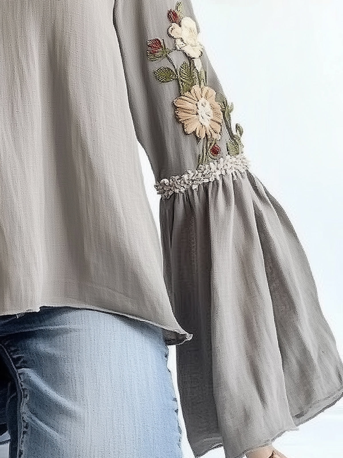 Gray Bell-Sleeve Round-Neck Blouse With Applique Design